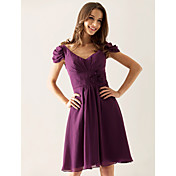 A-line V-neck Knee-length Chiffon Over Elastic Satin Bridesmaid/ Wedding Party Dress
