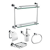 Chrome Finish 5-Piece Bathroom Hardware Accessory Set With Double Layer Glass Bracket