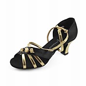 Satin Upper Golden and Black Dance Shoes Ballroom Latin Shoes for Women