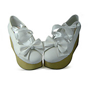 Handmade White PU Leather 7cm Wedge Princess Lolita Shoes with Ribbon