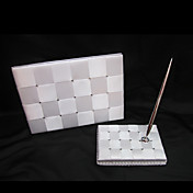 Elegant Check Wedding Guest Book and Pen Set In White Satin