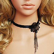 Håndlavet Black Satin Lace Flower Gothic Lolita Halskæde med kvaster