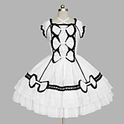 Short Sleeve Knee-length White Cotton Black Lace Sweet Lolita Dress