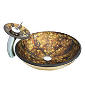 VT4217 Tempered Glass Vessel Round Sink With Waterfall Faucet and Mounting Ring and Pop-Up drain
