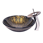 Ravine Art Style Tempered Glass Vessel Sink with Waterfall Faucet, Mounting Ring and Water Drain