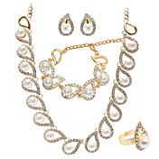 Faux Pearls In CZ Drops Bridal Necklace, Bracelet, Ring And Earring Set