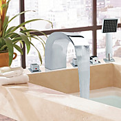 Contemporary Style Chrome Finish Widespread Stainless Steel Bathtub Faucets with Handheld Faucet