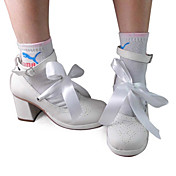 Handmade White PU Leather 6.3cm High Heel Classic Lolita Shoes with Ribbon
