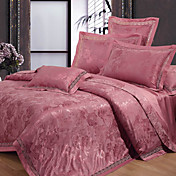 4 PCS 400TC Rose Jacquard Silk Wine Duvet Cover Set