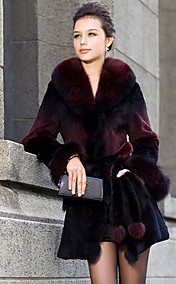 Shawl Collar Long Sleeve Rex Rabbit Fur Career/Casual Coat (More Colors)