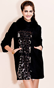 TS Sequin Details Fur Collar Wool Blend Coat
