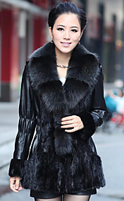 Long Sleeve Fox Fur Shawl Collar Lambskin Leather With Mink Fur Casual/Party Coat (More Colors)