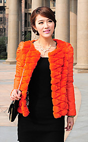 Long Sleeve Collarless Rex Rabbit Fur & Lambskin Leather Casual/Party Jacket (More Colors)