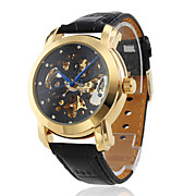  Men's Fashion Mechanical Black PU Leather Band Wrist Watch with Black Hollow Engraving Dial