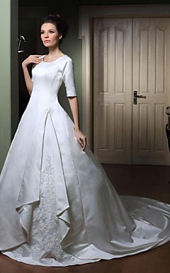 Ball Gown Scoop Half Sleeve Court Train Satin Wedding Dress with Split Front