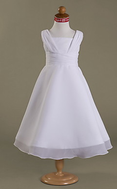 A-line Square  Tea-length Satin  Chiffon Flower Girl Dress