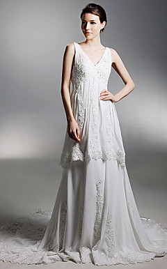 A-line V-neck Chapel Train Chiffon Wedding Dress With Luxury Beaded Appliques