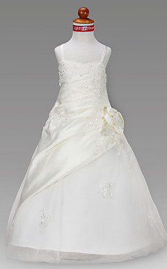 A-line Spaghetti Straps Floor-length Satin Flower Girl Dress