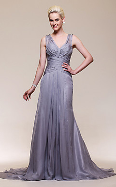 Trumpet/Mermaid V-neck Chiffon And Stretch Satin Court Train Evening Dress Inspired by Christina Applegate