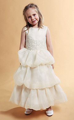 A-line Jewel Ankle-length Organza Over Satin Flower Girl Dress