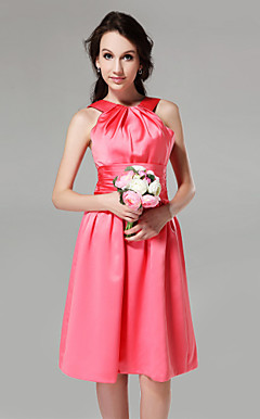 A-line Jewel Knee-length Satin Bridesmaid Dress