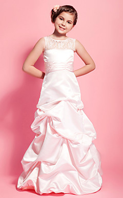 A-line Scoop Floor-length Satin Lace Junior Bridesmaid Dress With Pick Up Skirt