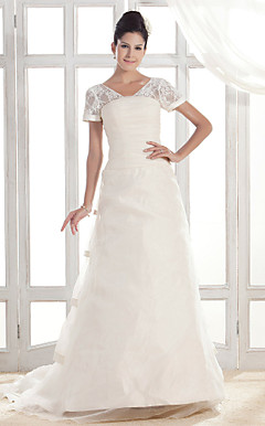 A-line V-neck Court Train Organza Wedding Dress