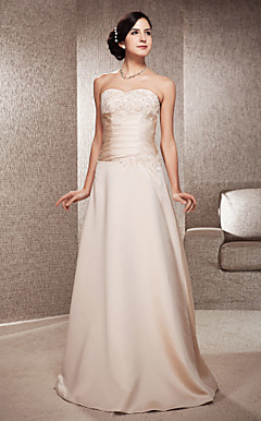 A-line Strapless Floor-length Satin And Lace Wedding Dress