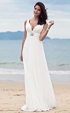 Sheath/ Column V-neck Sweep/ Brush Train Chiffon Wedding Dress