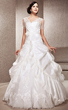 A-line V-neck Floor-length Taffeta And Tulle Wedding Dress