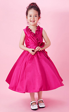 A-line V-neck Tea-length Taffeta Flower Girl Dress