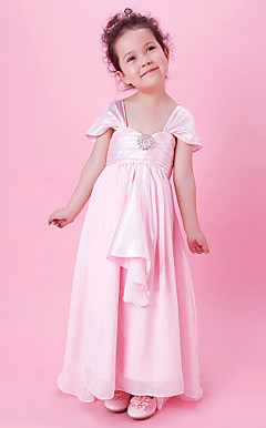 A-line Ankle-length Flower Girl Dress With Square Neck In Stretch Satin And Chiffon