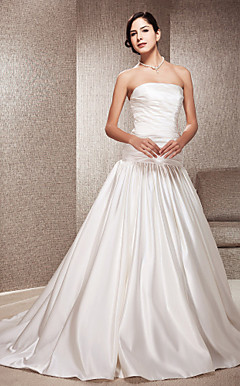 Elegant A-line Strapless Chapel Train Satin Wedding Gown