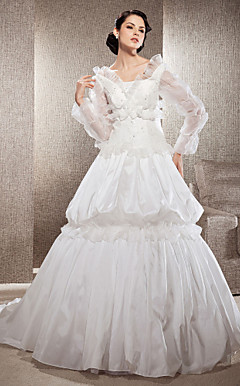 A-line Square Neck Court Train Taffeta And Organza Wedding Dress