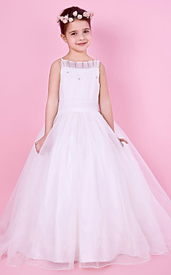 A-line Spaghetti Strap Beaded Organza And Satin Flower Girl Dress
