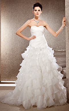 Graceful A-line Strapless Court Train Organza Wedding Dress
