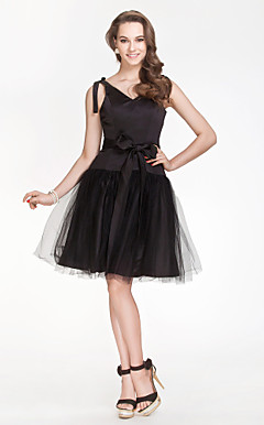 V-neck A-line Satin And Tulle Bridesmaid Dress