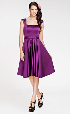A-line Square Knee-length Satin Bridesmaid Dress