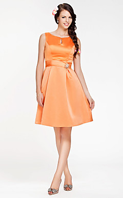 A-line Jewel Knee-length Satin Bridesmaid Dress