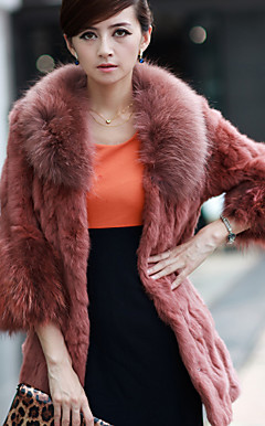 Raccoon Fur Collar Long Sleeve Party/ Office Rabbit Fur Coat (More Colors)