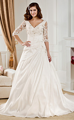 Ball Gown V-neck Chapel Train Taffeta  Wedding Dress