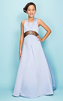 A-line Halter Floor-length Satin Junior Bridesmaid Dress