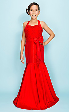 Trumpet/ Mermaid Halter Floor-length Taffeta Junior Bridesmaid Dress