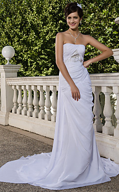 Sheath/Column Strapless Court Train Watteau Train Chiffon Wedding Dress
