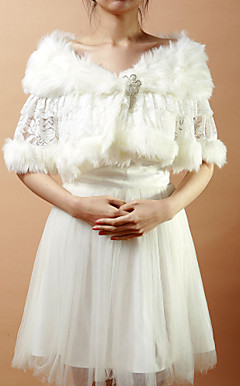 Nice Faux Fur & Lace Evening/Wedding Shawl With Crystal Pin
