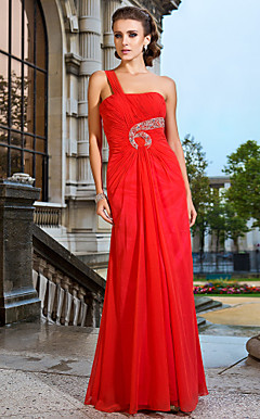 gaine / colonne d'un étage longueur robe de soirée en mousseline de soie d'épaule avec des perles et côté drapage