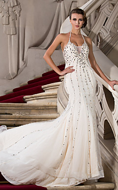 Trumpet/Mermaid Halter Court Train Tulle Evening Dress