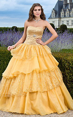 bola vestido strapless do assoalho-comprimento organza vestido de noite com lantejoulas