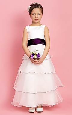 A-line Jewel Floor-length Stretch Satin And Organza Flower Girl Dress