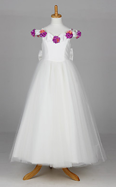 Sweet Short Sleeve Tulle And Satin Wedding/Evening Flower Girl Dress With Flowers